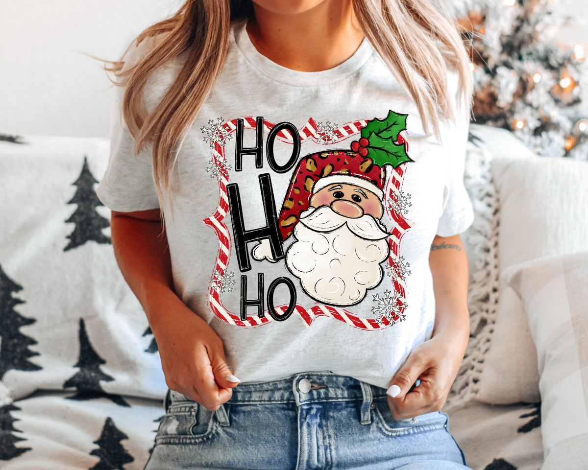 Ho Ho Ho Leopard Santa Holly Red White Frame 1098 DTF TRANSFER
