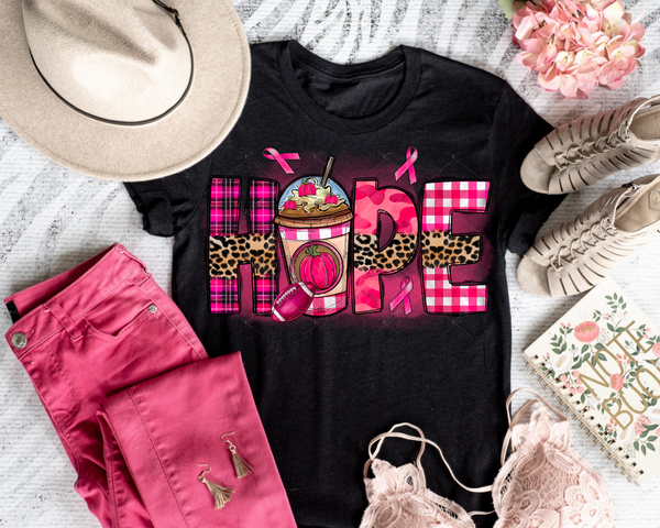 Hope (lettering filled with leopard, pink camo, pink plaid, pink checker patterns, pink pumpkins, football, pink ribbons, coffee cup) 1542 DTF TRANSFER