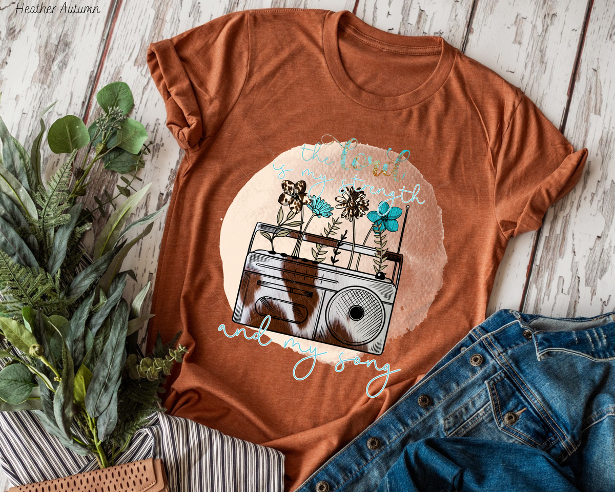 The Lord Is My Strength And My Song Cowhide (Blue Font with camera) 112624 DTF TRANSFER