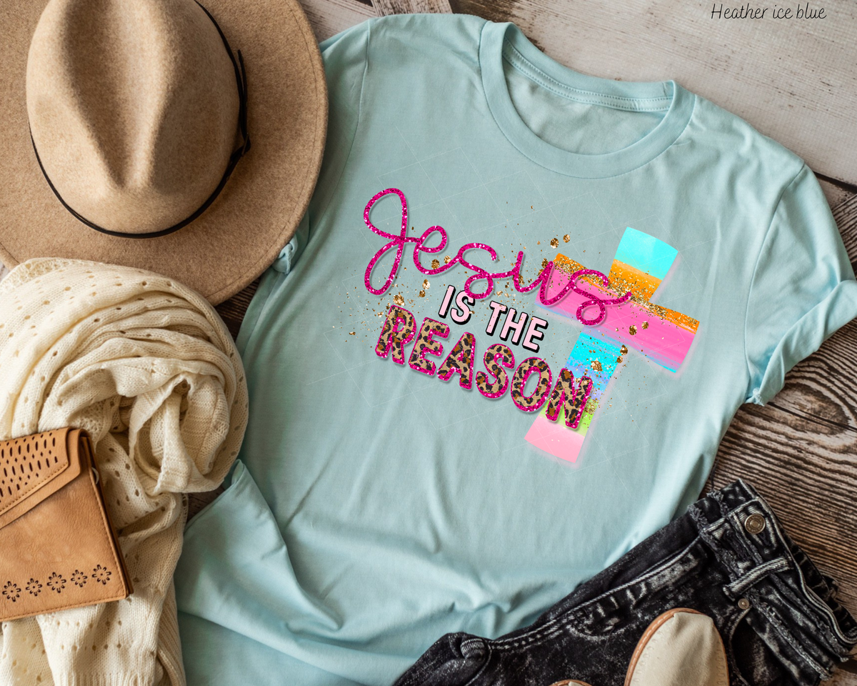 Jesus Is The Reason Rainbow Cross Pink Glitter Font 112683 DTF TRANSFER
