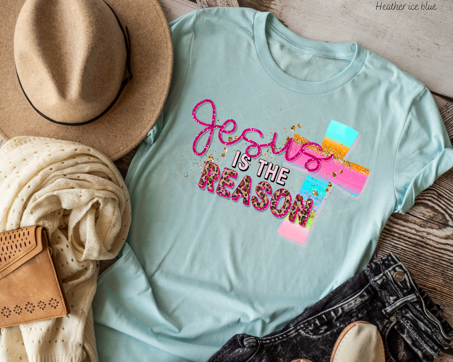 Jesus Is The Reason Rainbow Cross Pink Glitter Font DTF TRANSFER