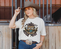 Nobody's Buckle Bunny (cowgirl hat with turquoise filigree, cowhide print background, black western lettering) DTF TRANSFER