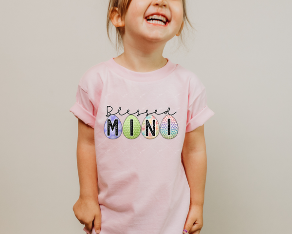 Blessed Mama (handwriting lettering with colored eggs with block distressed letters) 9028 DTF TRANSFER