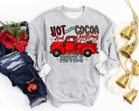 Hot Cocoa and Christmas Movies (vintage red pickup truck, letter fill red plaids, leopard print, western stripes, red handwriting, movies elements in truck bed) 1546 DTF TRAN SFER