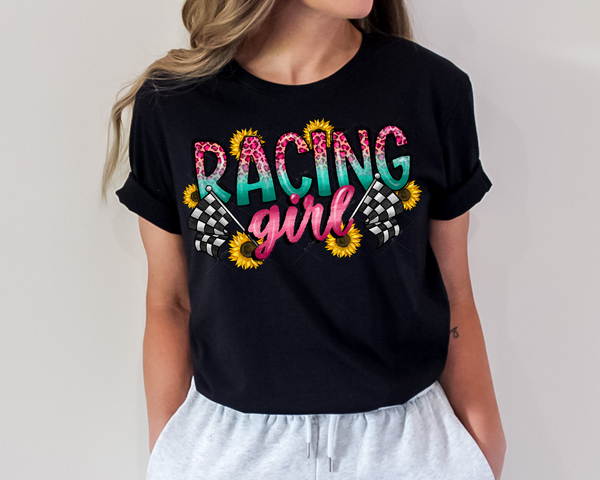 Racing girl (pink leopard print ombré to green, pink shaded lettering, sunflowers, racing flags) 1806 DTF TRANSFER