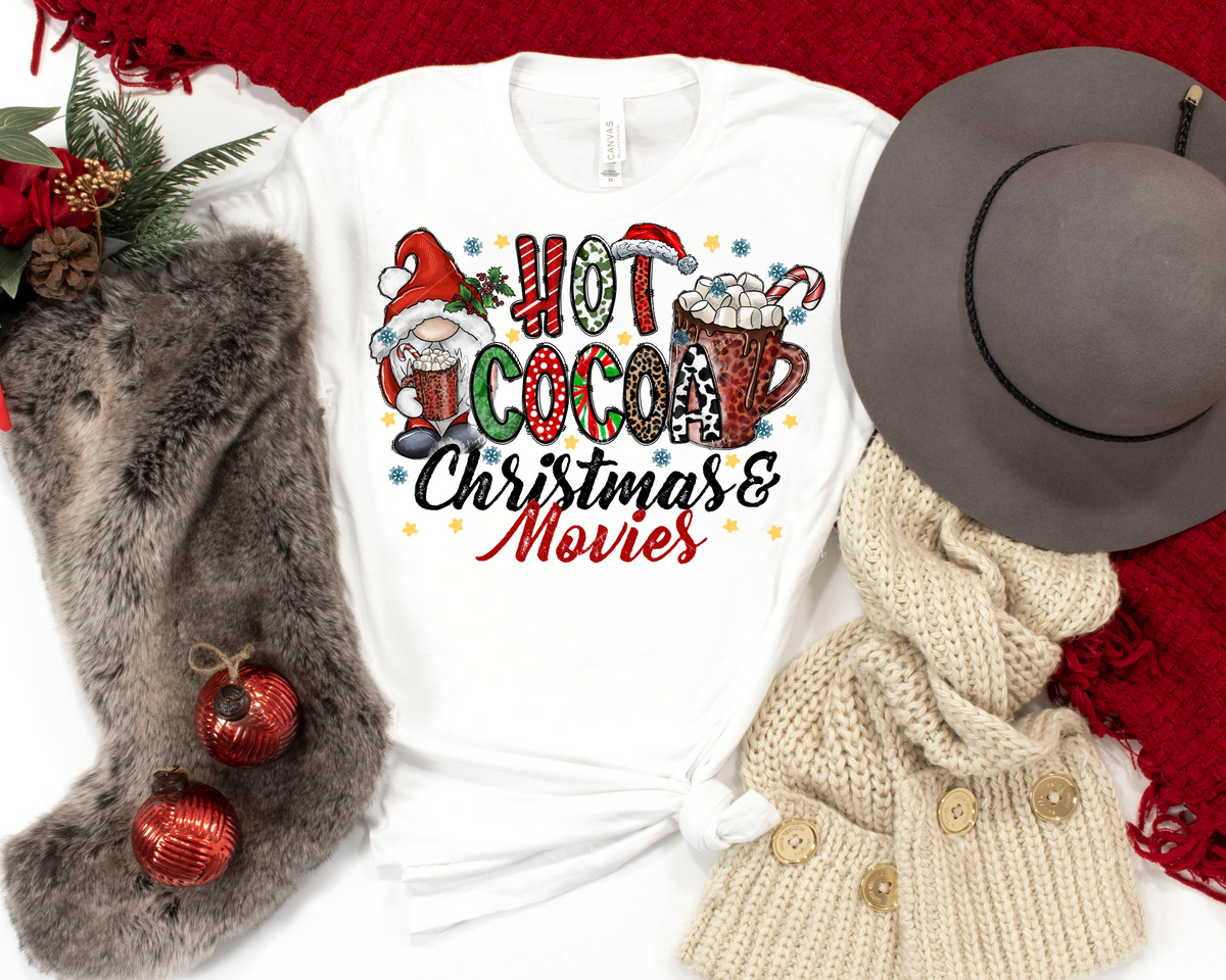 Hot Cocoa and Christmas & Movies (Santa gnome, hot cocoa with marshmallows & candy cane, letter fill red plaids, leopard print, holiday stripes, red and black handwriting distressed) 1547 DTF TRANSFER