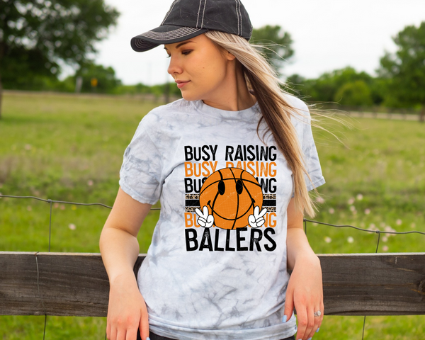 Busy Raising Ballers (basketball, leopard print stripe, black and orange block distressed lettering) DTF TRANSFER