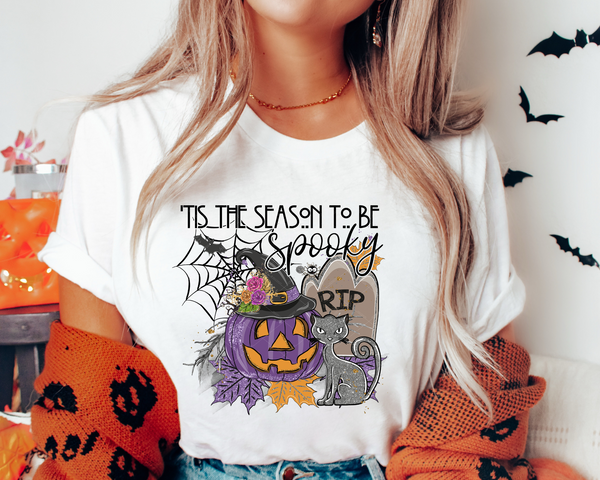'Tis The Season To Be Spooky Purple Pumpkin Glitter Grey Cat RIP Spiderweb DTF TRANSFER
