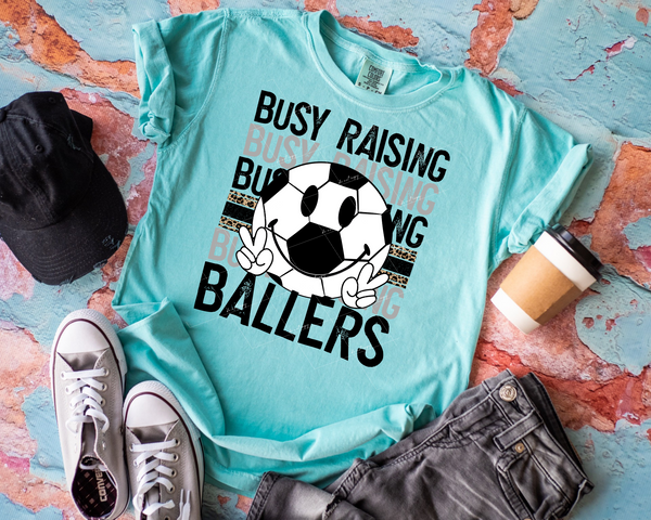 Busy Raising Ballers (soccer ball, leopard print stripe, black and gray block distressed lettering) DTF TRANSFER