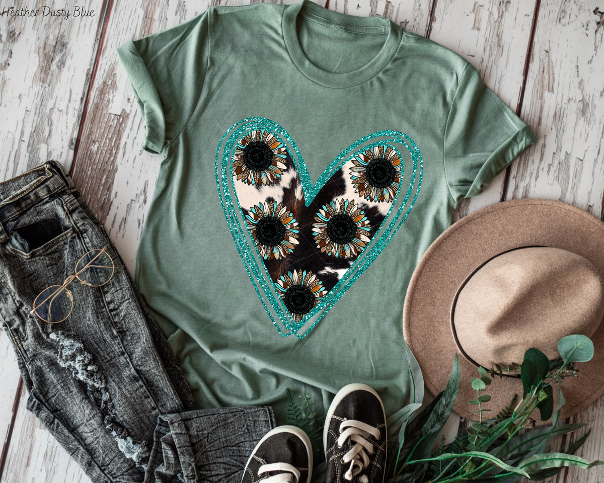 Sunflower Western Heart Teal Glitter 022 (No Font) DTF TRANSFER