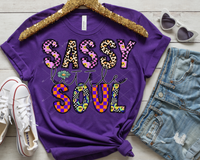 Sassy little soul (block letters with leopard, purple & orange checker print, smiley faces, colorful) 1819 DTF TRANSFER