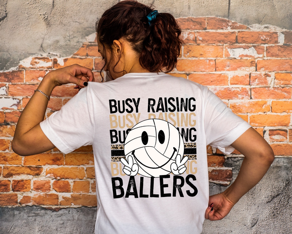 Busy Raising Ballers (volleyball, leopard print stripe, black and tan block distressed lettering) DTF TRANSFER