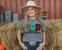 OCD - Obsessive Chicken Disorder (bubble block letters with red, mint green, gold, with textures, black block distressed lettering) DTF TRANSFER