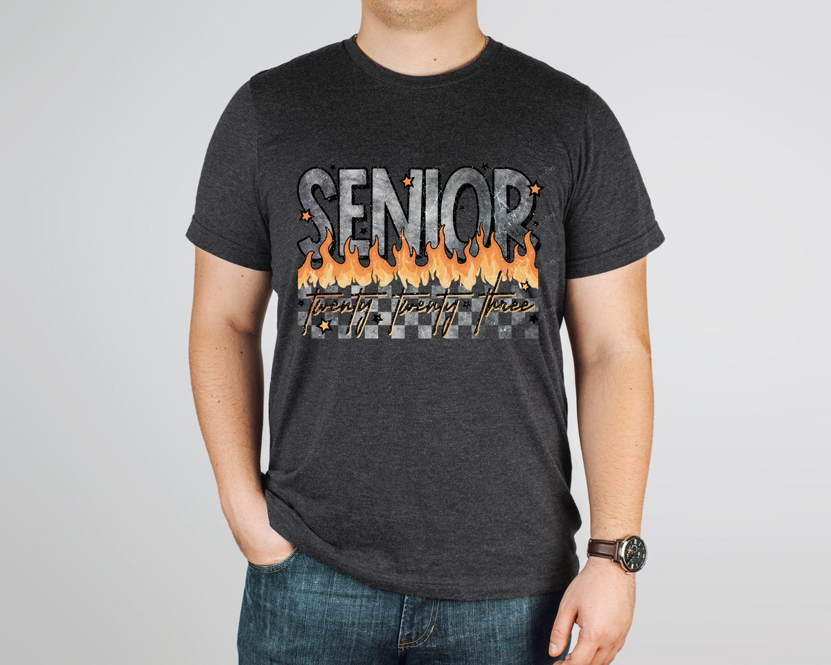Senior twenty twenty three (flames of fire, racing checkers, grays and black lettering) 112694 DTF TRANSFER