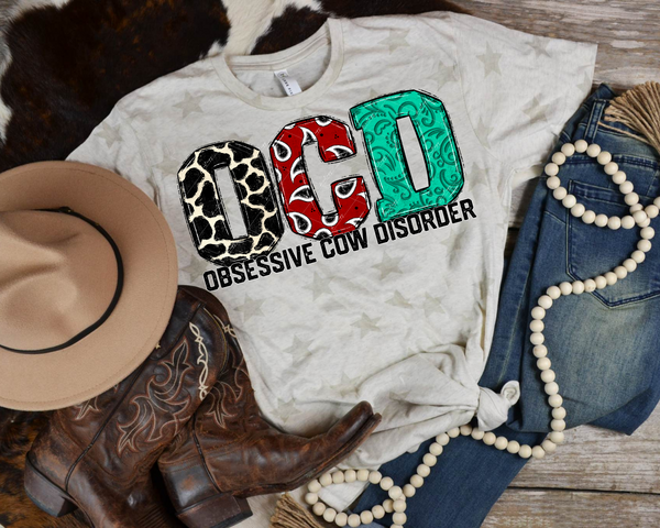 OCD - Obsessive Cow Disorder (bubble block letters with red, mint green, cowhide, with textures, black block distressed lettering) DTF TRANSFER