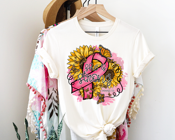 She is strong - Proverbs 31:25 (sunflowers, monarch butterflies, pink cancer ribbon) 1826 DTF TRANSFER