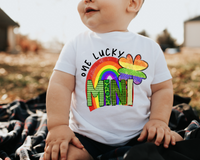 One Lucky Mini (bright primary colors, rainbow, clover, block lettering) DTF TRANSFER