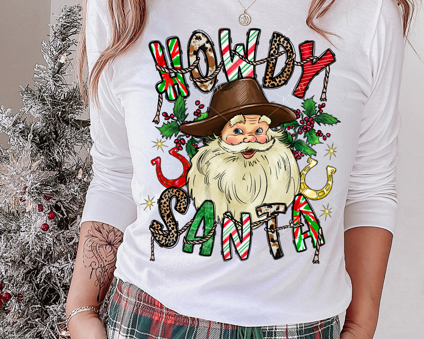 Howdy Santa (western Santa with cowboy hat, horseshoes, rope, holly, letter fill holiday, leopard, cowhide, stripe prints) 1558 DTF TRANSFER