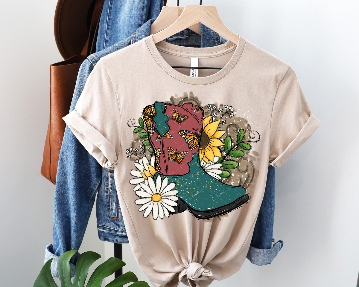 Cowboy boot dark mauve and teal, butterflies, daisies, sunflowers 9030 DTF TRANSFER