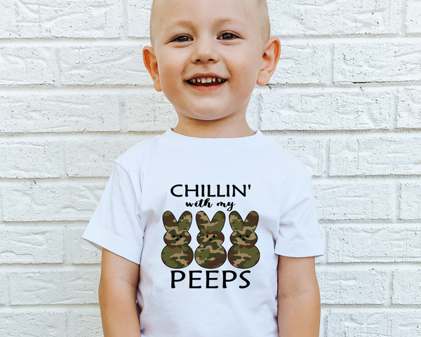 Chillin' with my peeps ( three peeps in camo, black lettering) 1278 DTF TRANSFER