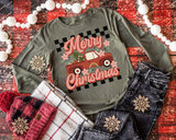 Merry Christmas Truck Retro Pink Green Flowers 8524 DTF TRANSFER