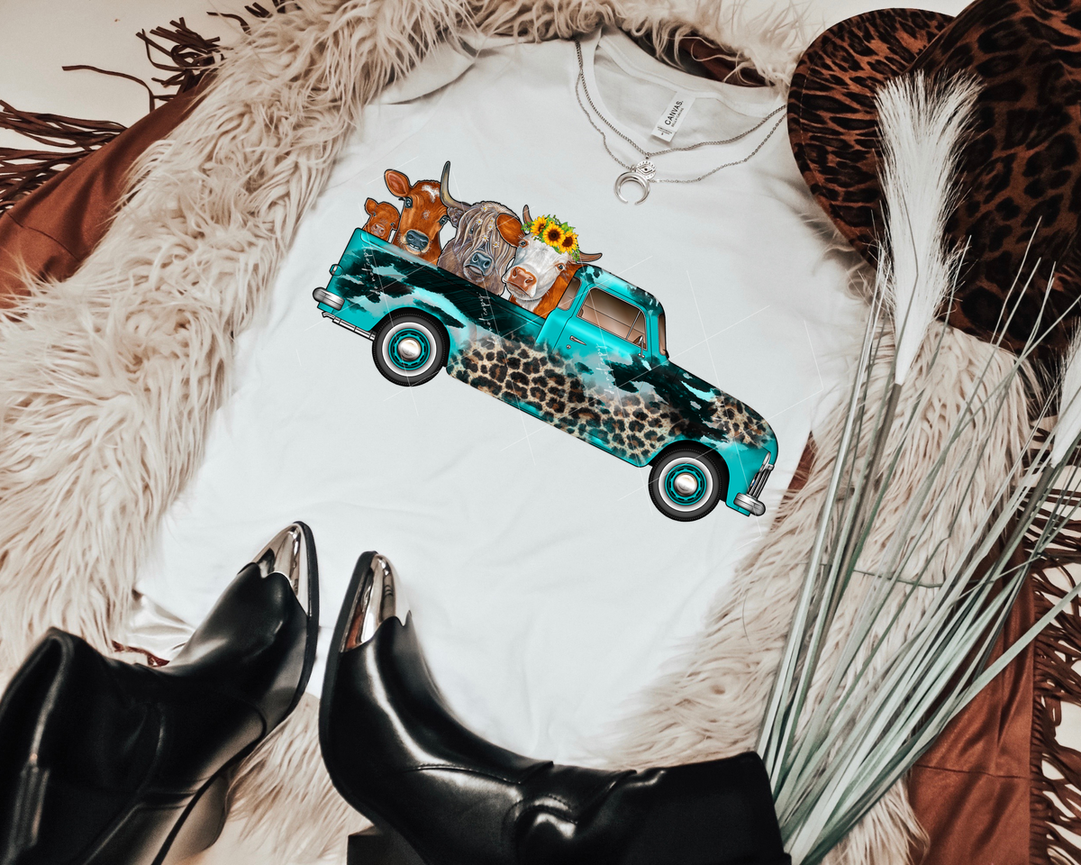 Farm truck filled with cows, turquoise, leopard print, sunflowers 1392 DTF TRANSFER