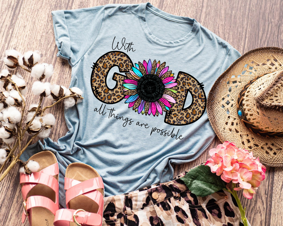With God All Things Are Possible Sunflower Leopard Font Rainbow sunflower 112598 DTF TRANSFER
