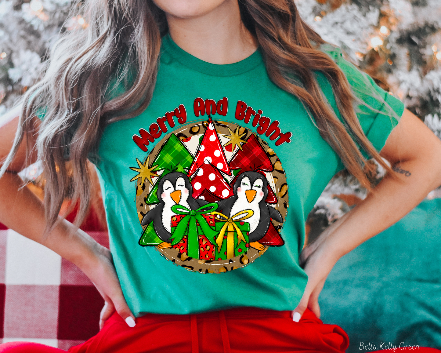 Merry And Bright Penguins Christmas Tree Leopard Background 1007 DTF TRANSFER