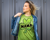 One Lucky Mama (large green polka dot clover, black lettering with green shadow, black block outline lettering) DTF TRANSFER