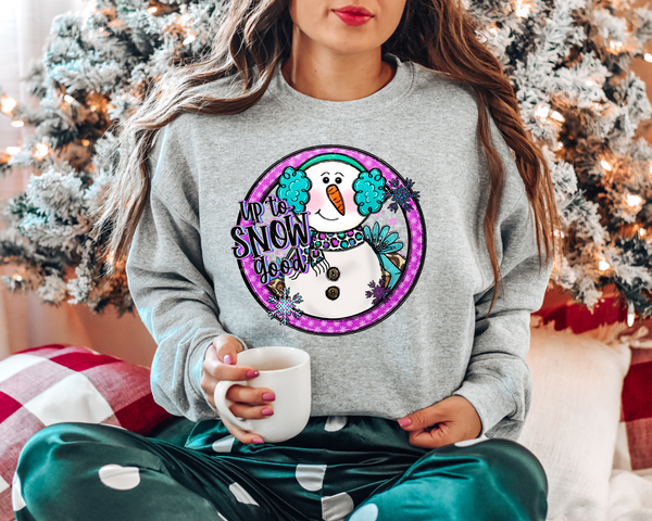 Up to snow good Circle Snowman (purple, teal, snowflakes) 1118 DTF TRANSFER