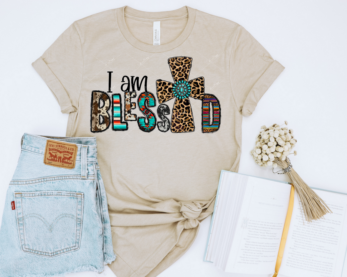I Am Blessed (leopard print cross with turquoise pendant, letters filled with cowhide, western stripes/designs) 1561 DTF TRANSFER