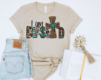 I Am Blessed (leopard print cross with turquoise pendant, letters filled with cowhide, western stripes/designs) 1561 DTF TRANSFER