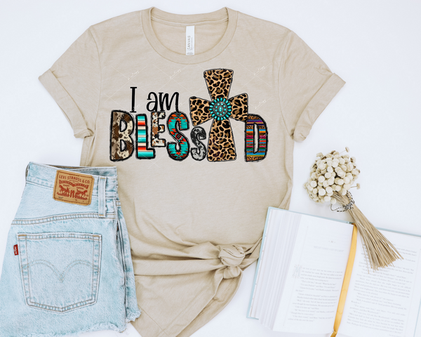 I Am Blessed (leopard print cross with turquoise pendant, letters filled with cowhide, western stripes/designs) 1561 DTF TRANSFER