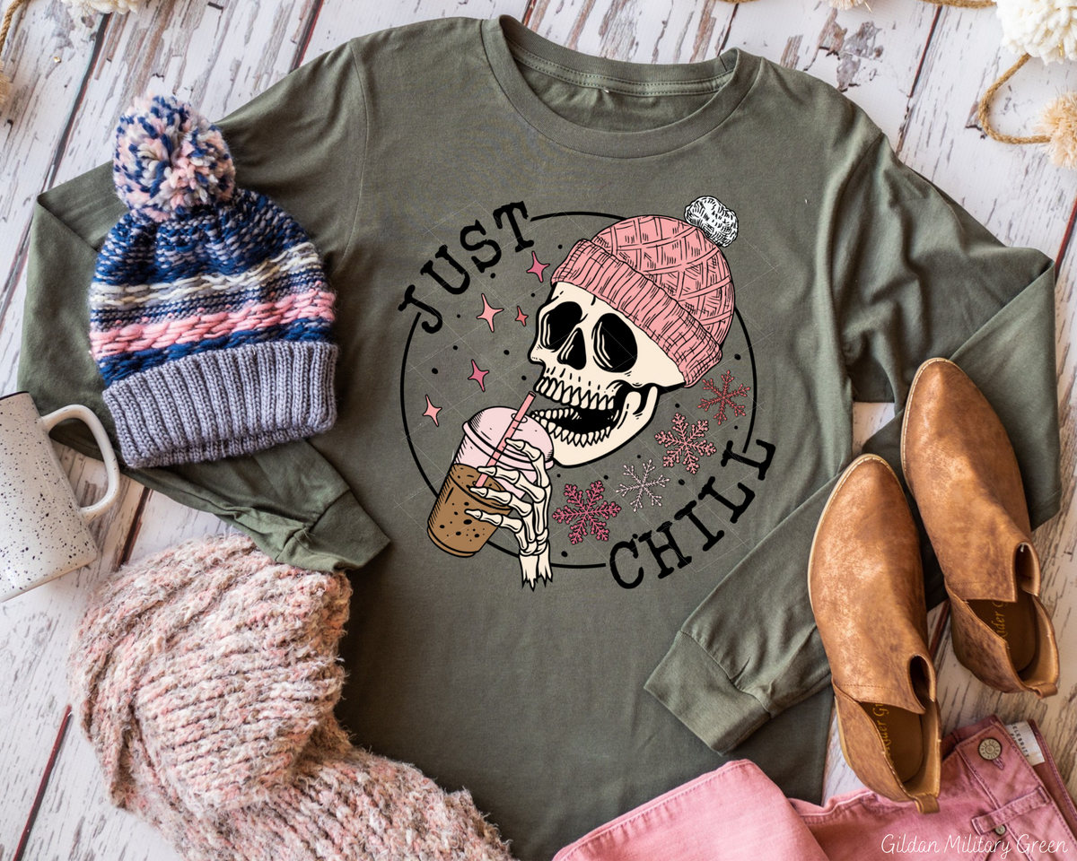 Just Chill Skeleton Pink Hat (Black Font) 8549 DTF TRANSFER