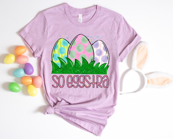 So Eggstra (three easter eggs with polka dots pastel colors, grass, pink glitter lettering) 1839 DTF TRANSFER