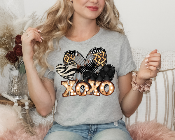 XOXO animal print (hearts filled with black/gold/metallic, zebra, leopard, polka dot, tin print/textures) 1915 DTF TRANSFER