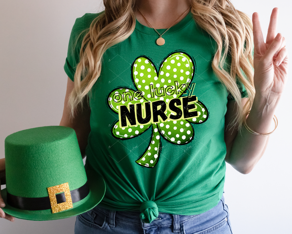 One Lucky Nurse (large green polka dot clover, black lettering with green shadow, black block outline lettering) DTF TRANSFER