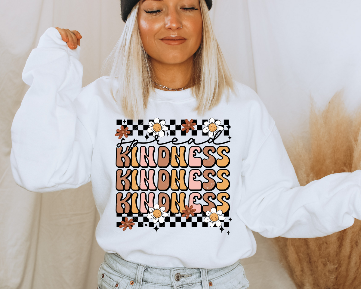Spread kindness kindness kindness (black & white checker, bubble lettering in skin tone colors, daisies) 1845 DTF TRANSFER