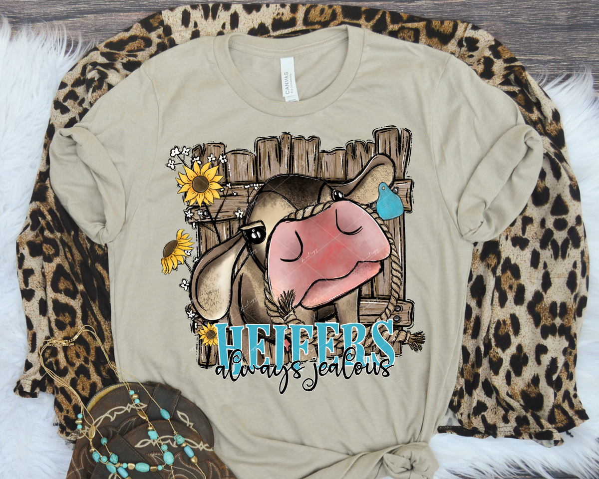 Heifers always jealous (heifer face, old wooden fence, sunflowers, blue lettering) 1847 DTF TRANSFER