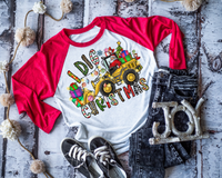 I Dig Christmas (front lift tractor with Santa, Christmas elements, letters filled with red plaid, stripes, leopard, cowhide, dot patterns) 1169 DTF TRANSFER