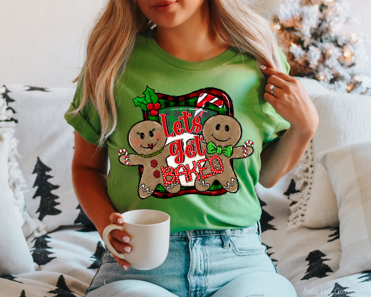 Let's Get Baked Gingerbread Men Green Red Plaid Background 1071 DTF TRANSFER