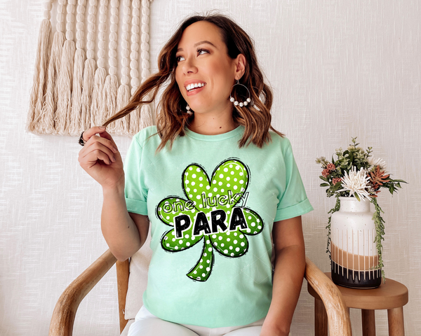 One Lucky Para (large green polka dot clover, black lettering with white shadow, black block outline lettering) DTF TRANSFER