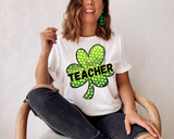 One Lucky Teacher (large green polka dot clover, black lettering with green shadow, black block outline lettering) DTF TRANSFER