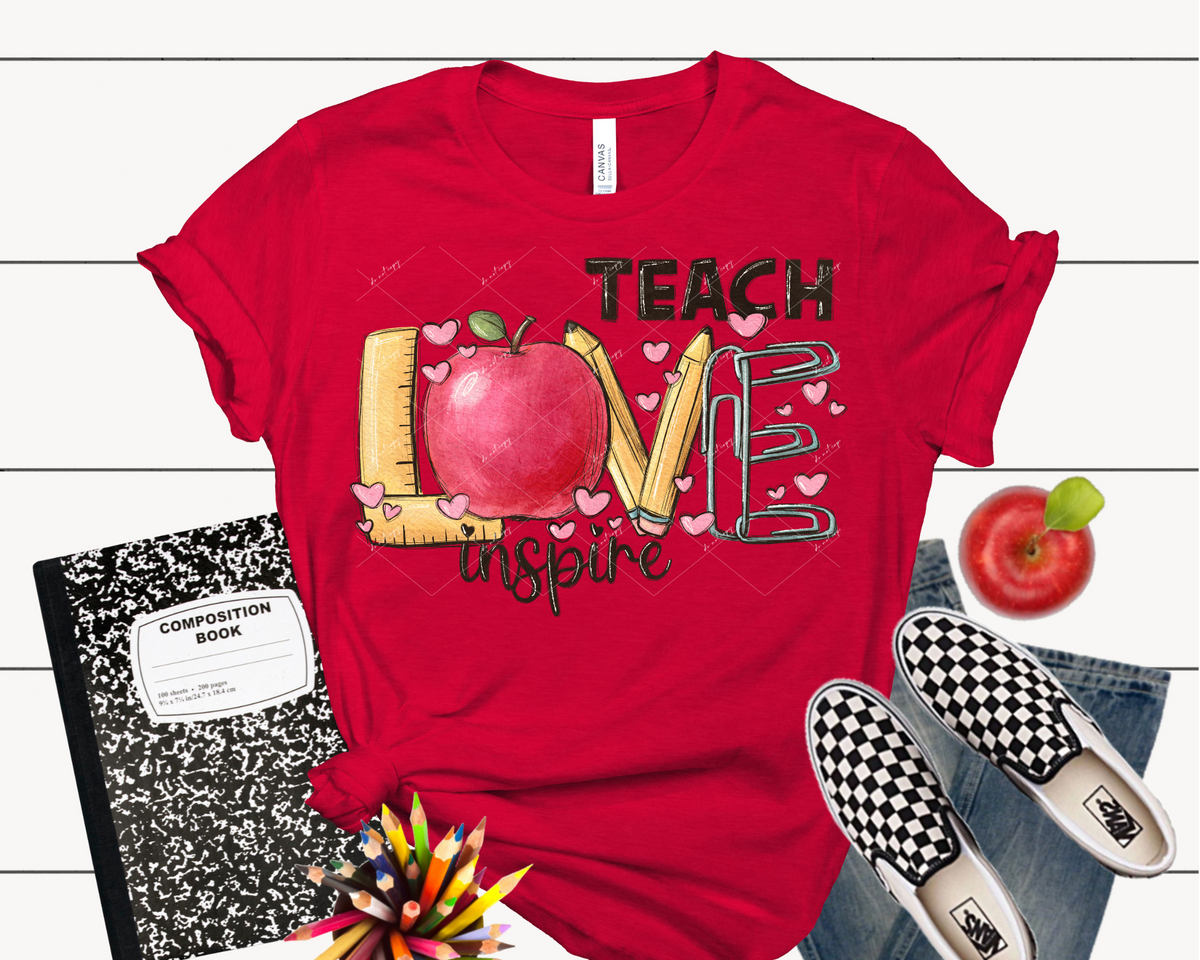 Teach Love Inspire (Love is ruler, apple, pencils, paper clips, including pink hearts) 1861 DTF TRANSFER