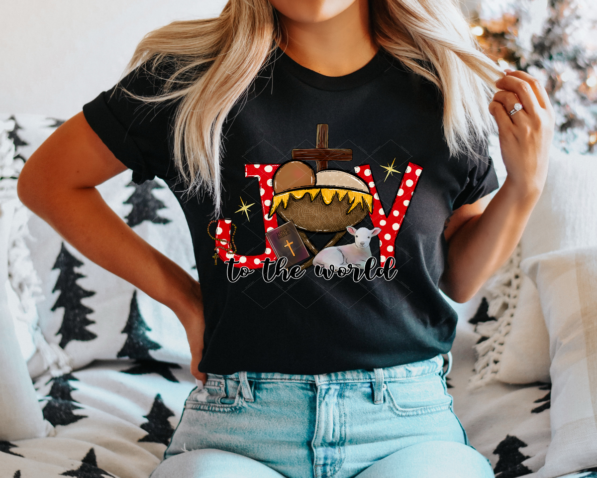 Joy To the World Dark Skin Manger Cross Red and White Polka Dots Lamb Bible 112249 DTF TRANSFER