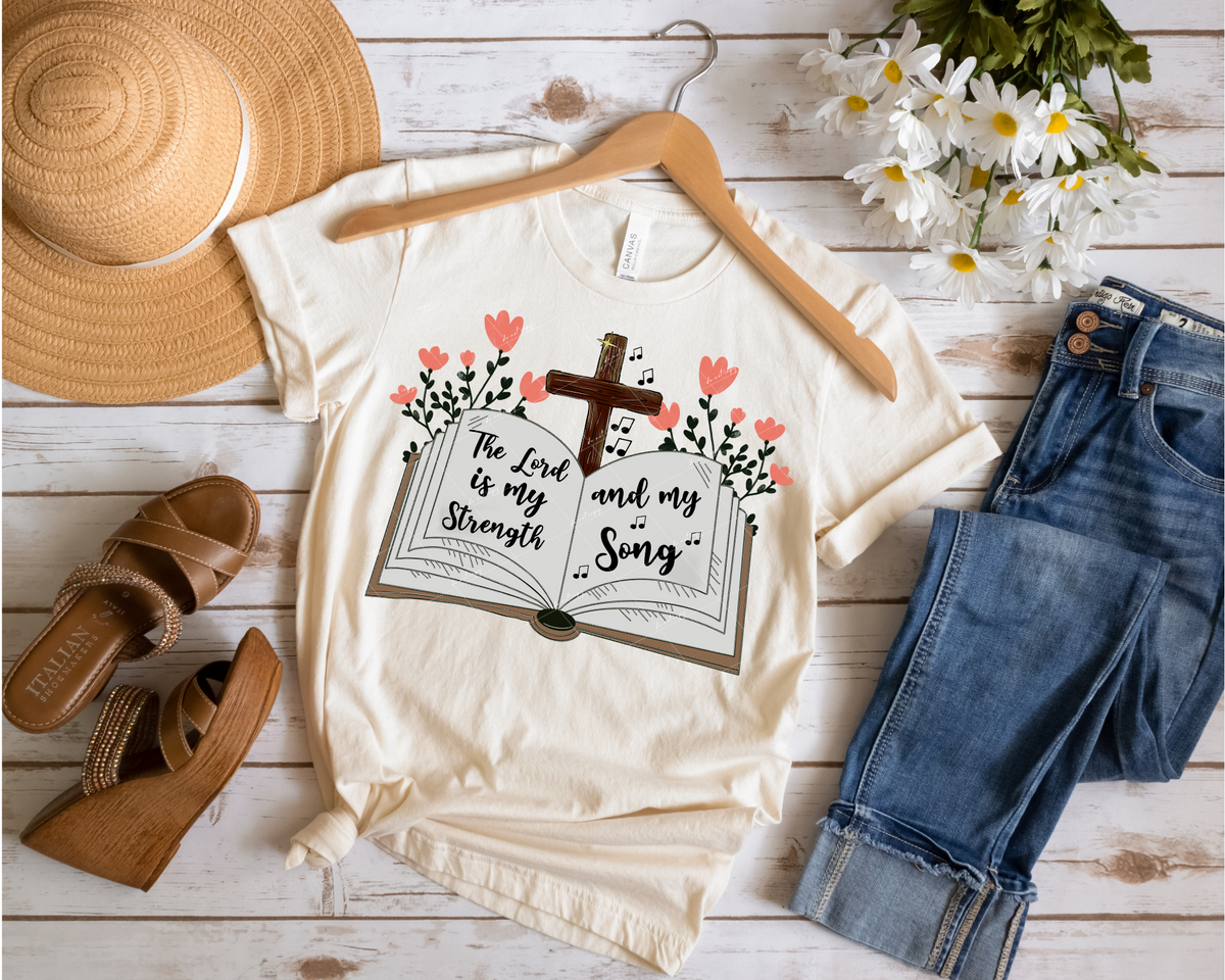 The Lord is my strength and my song (song book, wooden cross, coral little flowers) 112688 DTF TRANSFER