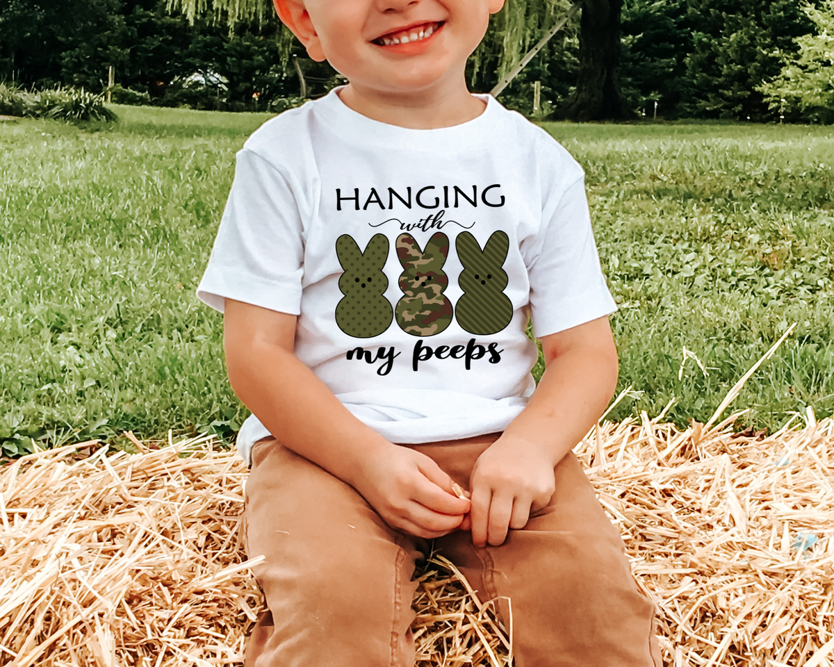 Hanging with my peeps (three peeps, camo, polka dot, stripe, camo green) 1466 DTF TRANSFER