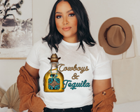 Cowboys & Tequila (tequila bottle decorated with leopard and turquoise, rope lettering) 1298 DTF TRANSFER