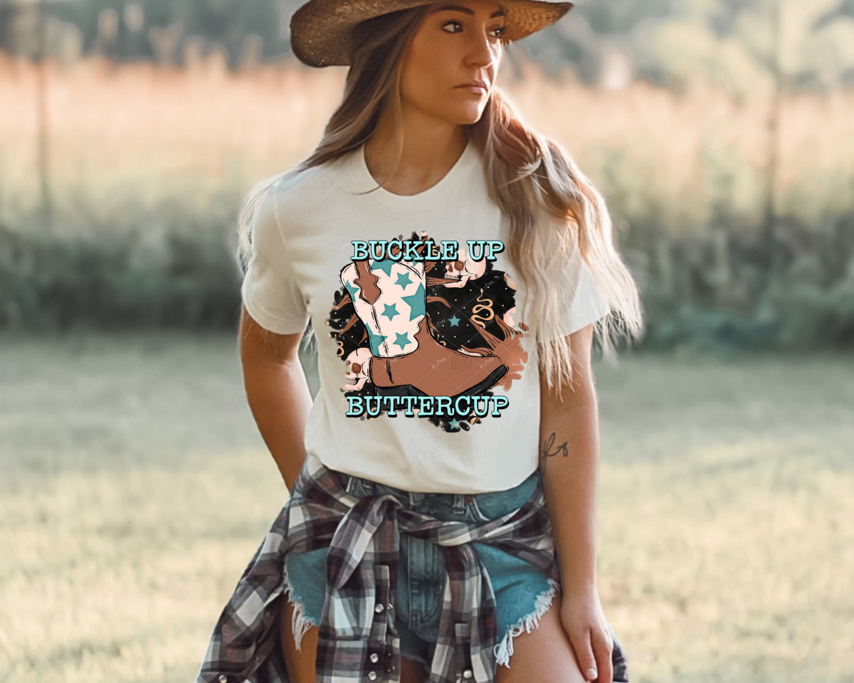 Buckle Up Buttercup (cowboy boot, skulls, stars, browns and blue colors) 2481 DTF TRANSFER