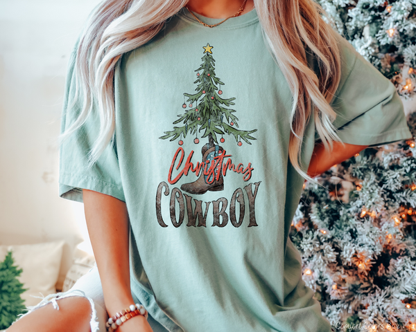 Christmas Cowboy Christmas Tree Boot (Red Brown Font) 1055 DTF TRANSFER